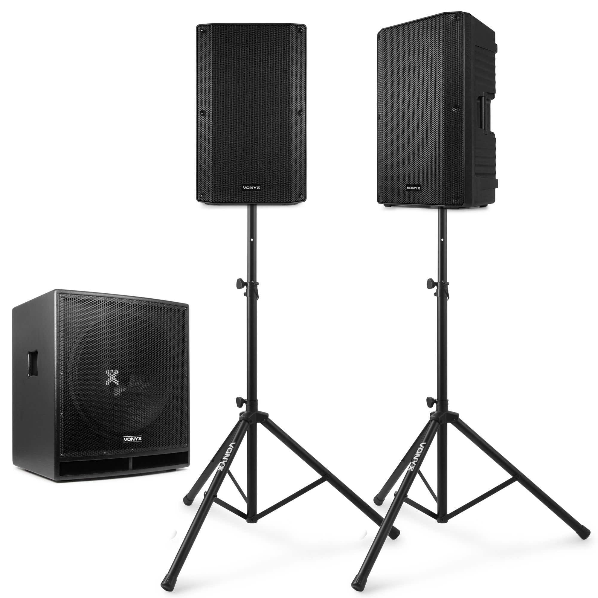 Vonyx 2.1 DJ Lautsprecher Set, Mobile PA Anlage Komplettset, DJ Boxen Starter Set, 2400 Watt mit Subwoofer und Stativ, Aktiv PA Lautsprecher Set, 2.1 Soundsystem, Aktive Lautsprecher Boxen