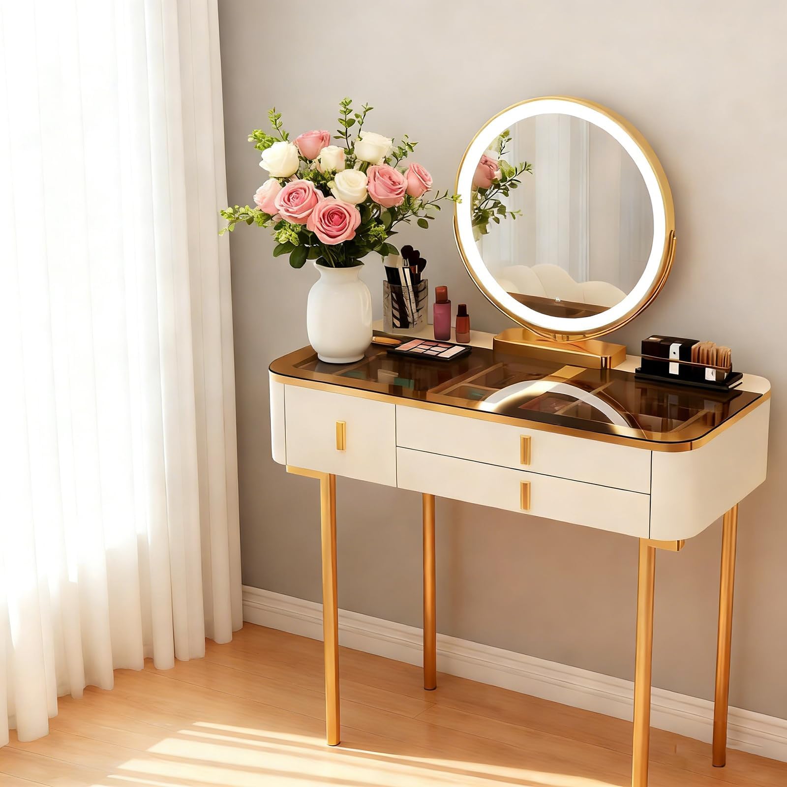 Makeup table With Wireless Charging-Vanity Desk with Mirror and Drawers Vanity Makeup Desk Set With Bluetooth Audio Chair Surprise Gift For Daughter and Wife (White-gold, 80cm(only desktop))