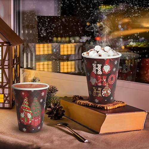 Miniatura 5 de Vasos de café desechables de gnomo de Navidad, vasos de papel a cuadros de búfalo rojo gnomo para cacao caliente, vasos festivos, tazas de té de
