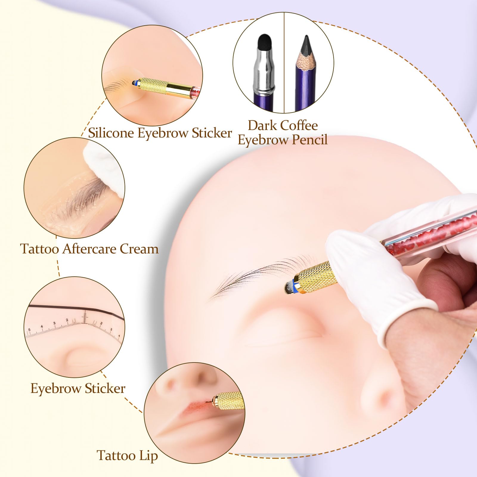 ATOMUS Microblading Practice Kit Golden Complete Semi Permanent Manual Pen kit Tool for Professional Mannequin Head 18U 3RL Eyebrow Microblades 10pcs Silicone Practice Eyebrow Patches - Image 3