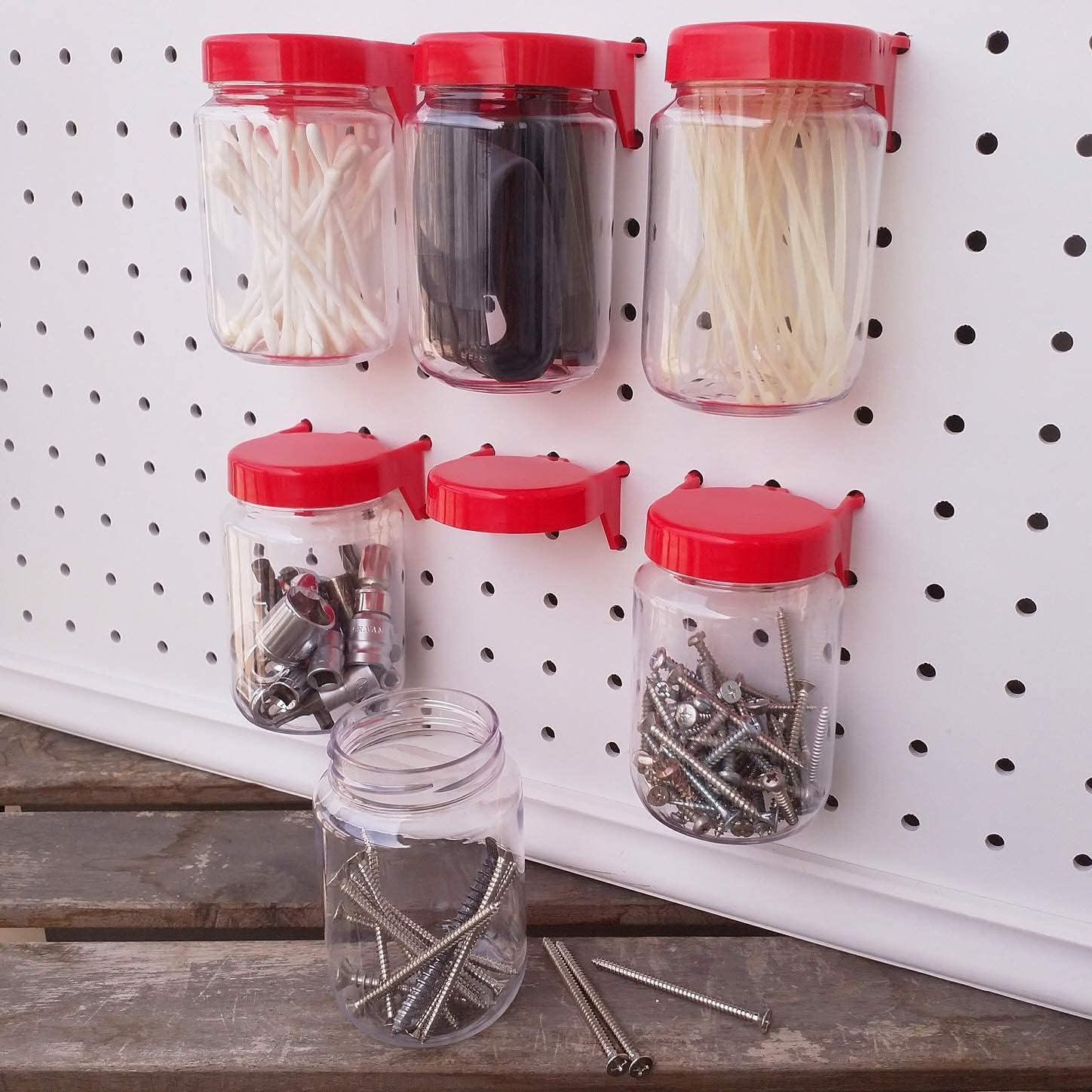 Tall Pegboard Accessories Organizer Storage Jars - Large Size 2" x 4" - Crush & Impact Resistant Plastic Pegboard Jars - Peg Board Attachments for Craft, Sewing & Garage Storage - Set of 6 (Red)