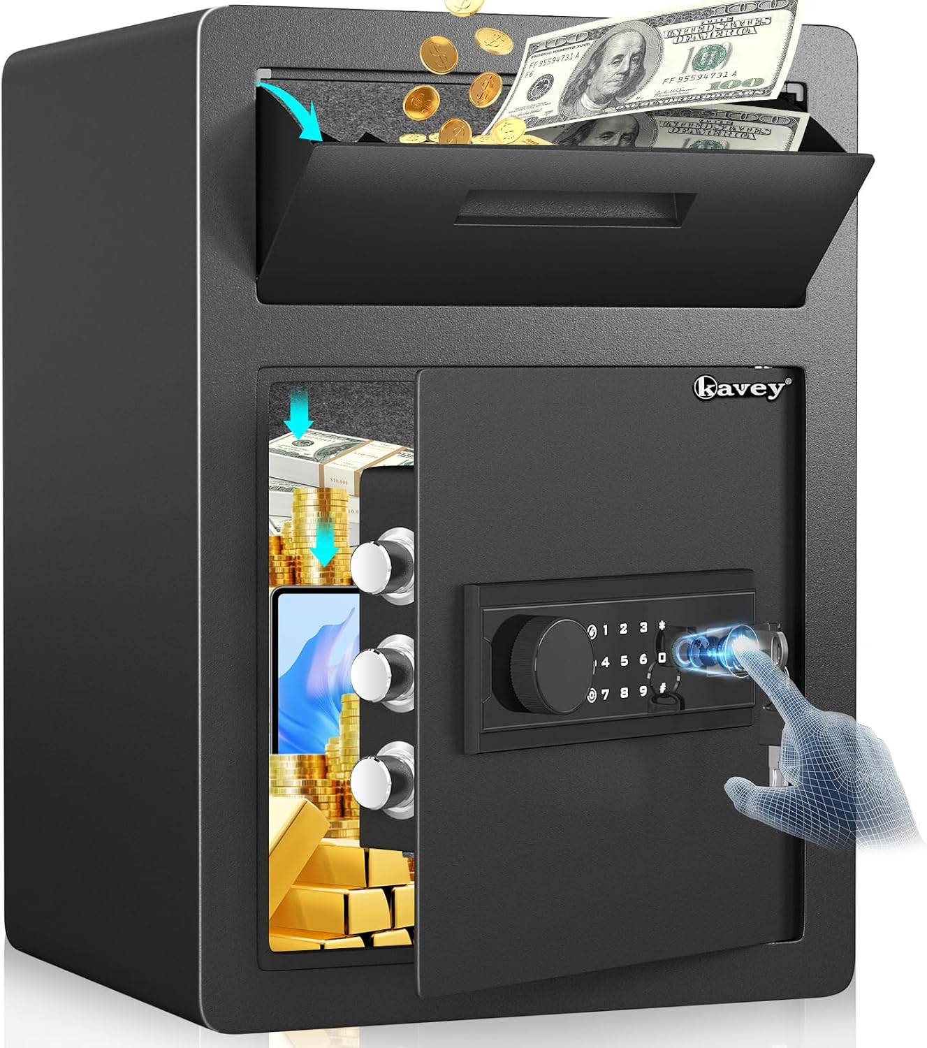 Kavey 2.6 Cub Biometric Secure Field, Massive Dwelling Secure with Drop Slot, Fingerprint Secure with Backlit Contact Screes Keypad and Mute Perform, Heavy Obligation Cash Secure Field for Enterprise Workplace