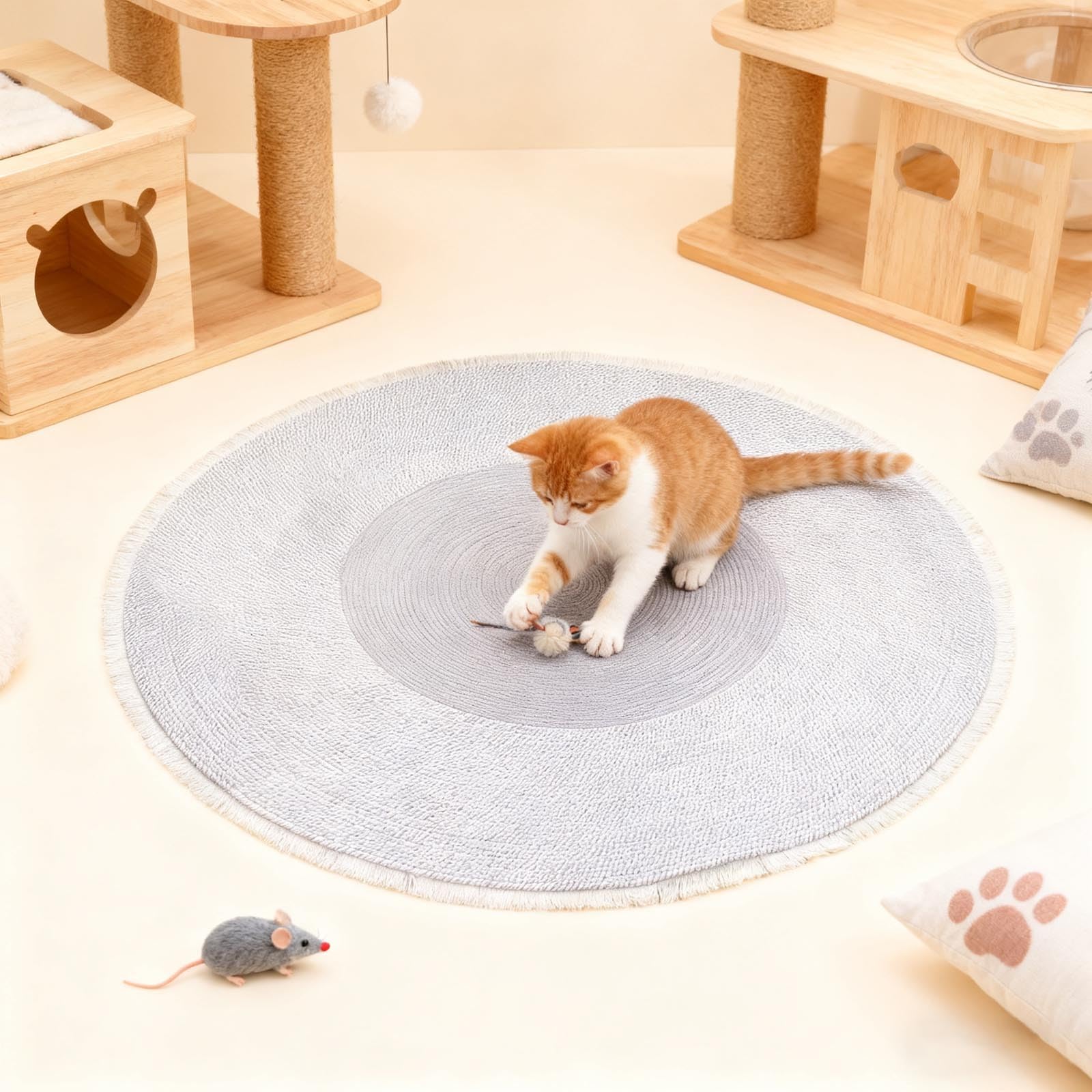 Rope Woven Cat Scratching Rug Reversible Round Floor Mat Natural Fiber Soft Textured Washable Home (K, 100cm)