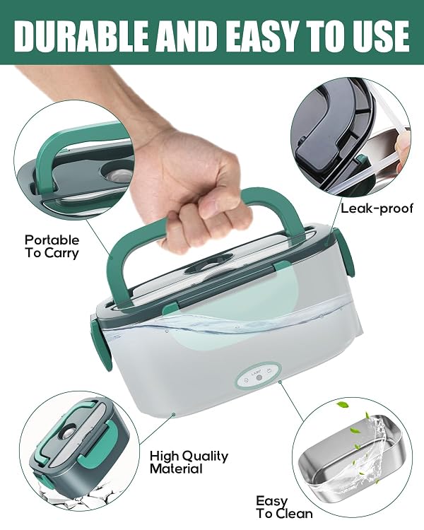 Buddew Electric Heated Lunch Box, 80W Fast Heating with Dual 1.5L Food-Grade 304 Stainless Steel, 12V/24V/110V Portable Food Warmer for Car Truck Office Adults, Lonchera Electrica Portatil (Green) by Buddew - Used condition - US$27.50