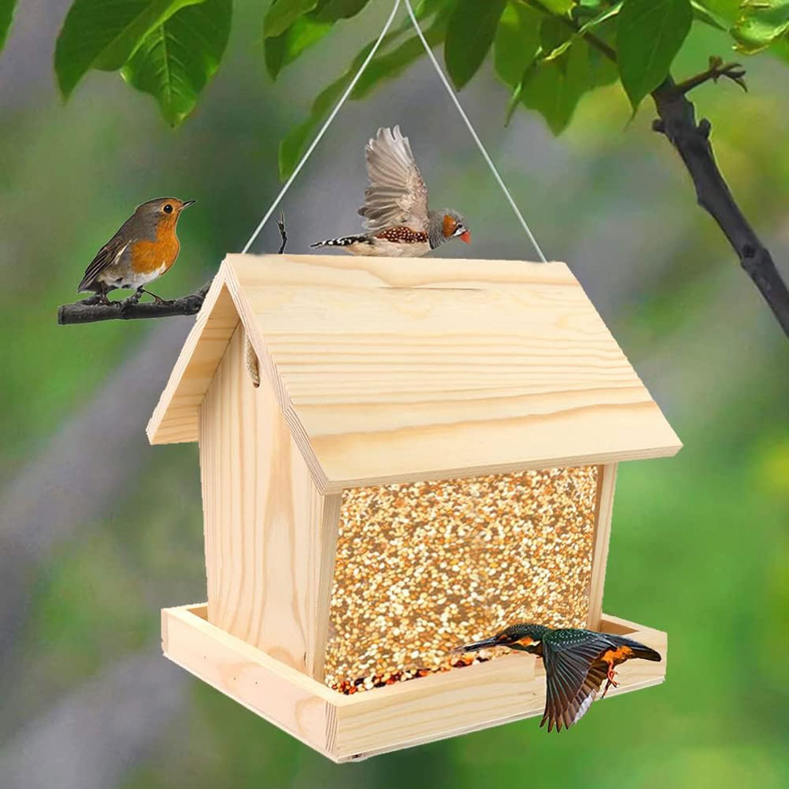 esmen Comederos Comederos de Gran Capacidad para Granja, comedero para pájaros Colgante de Madera con Bandeja de Aterrizaje, comedero automático