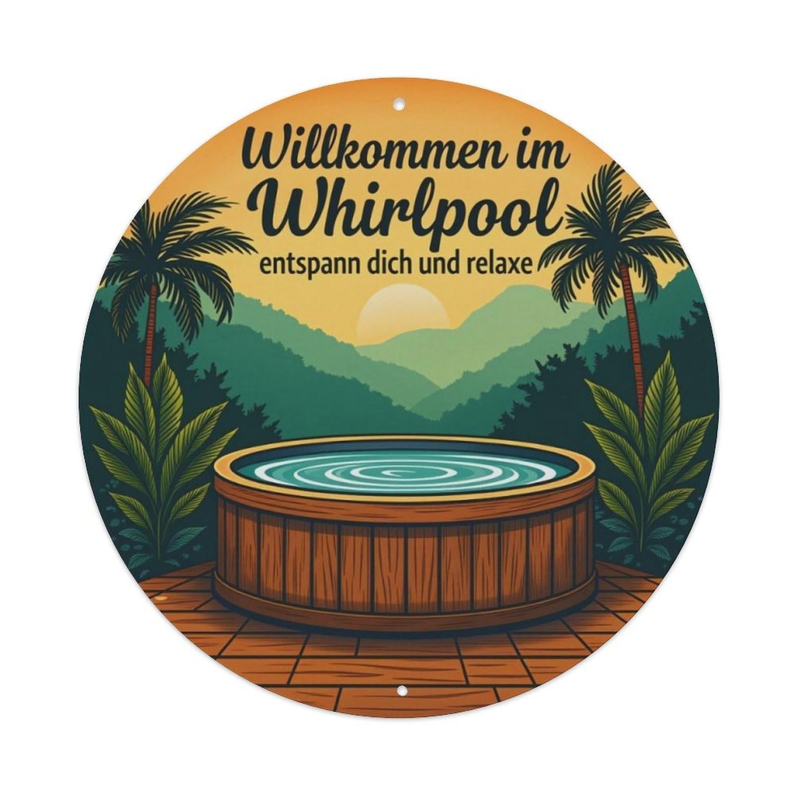 Tropical Mountain Hot Tub German Outdoor Relax Round Decor Sign Vintage Aluminium Metal Sign, Retro Wall Decor for Home, Bar, Garage & Farmhouse 20x20cm