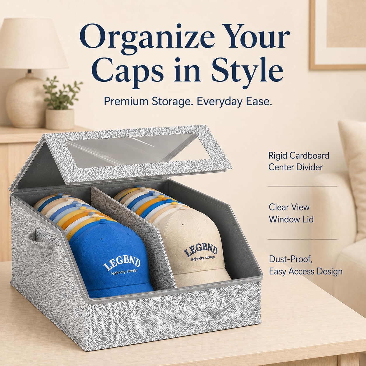 Vervex 2 Pack Enlarged version Hat Storage Boxes for Baseball Caps Holds 48 Caps, Reinforced PP Board Organizer with Clear Window, Foldable Closet Cap Organizer with Zipper Closure and Handles, Gray