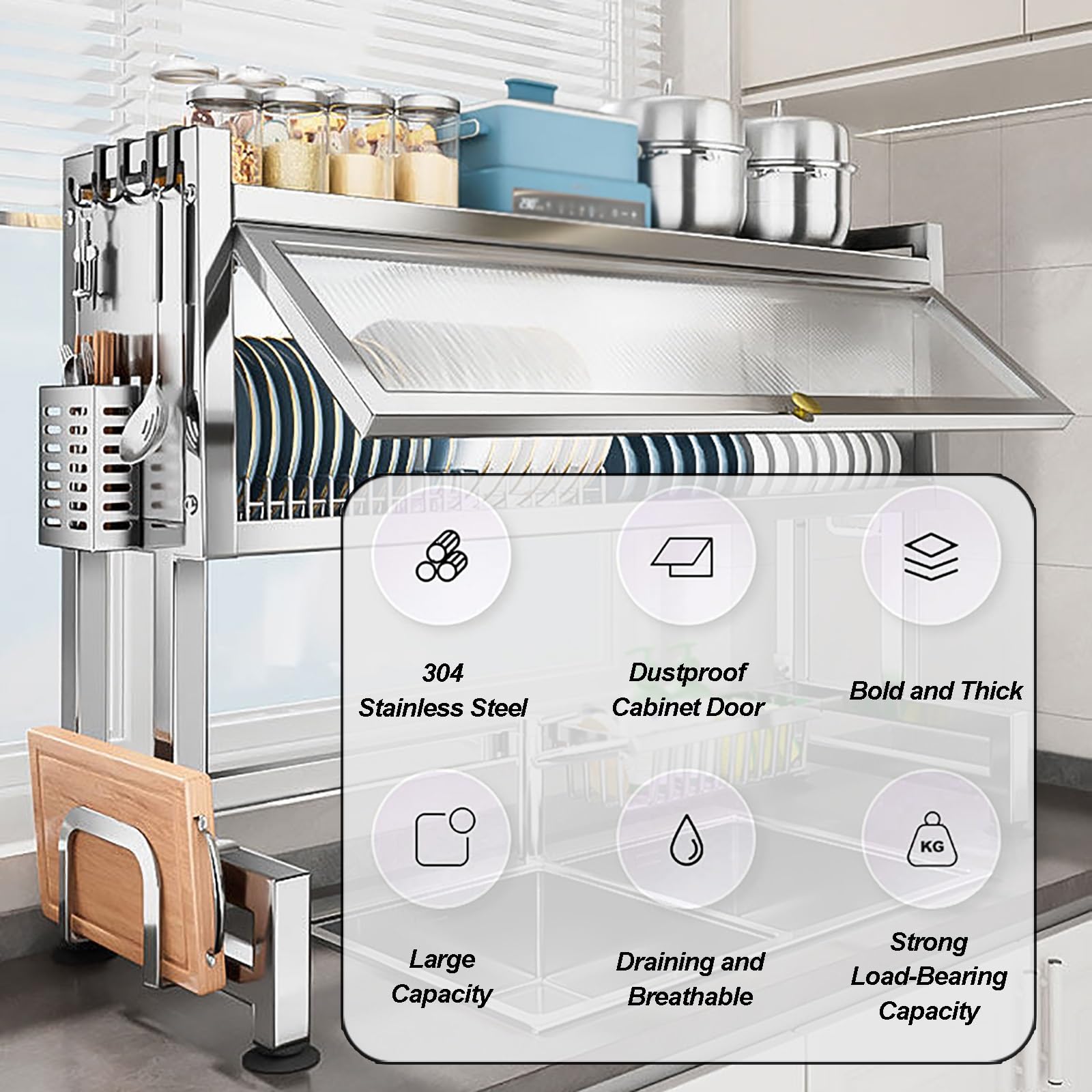 Escurridor de platos de acero inoxidable para encimera de cocina con bandeja de goteo, organizador de encimera con tapa que ahorra espacio, gran capacidad