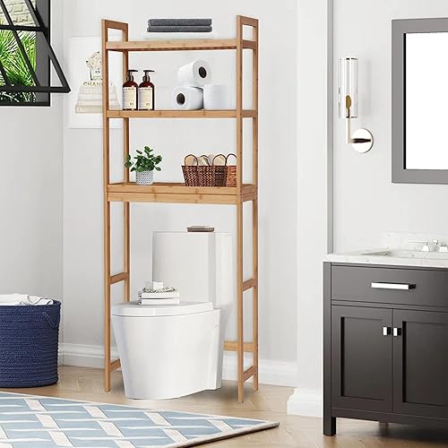 Kinsunny Organizador de baño de bambú de 3 niveles con estantes y 6 ganchos, almacenamiento sobre el inodoro, estante multifuncional para inodoro