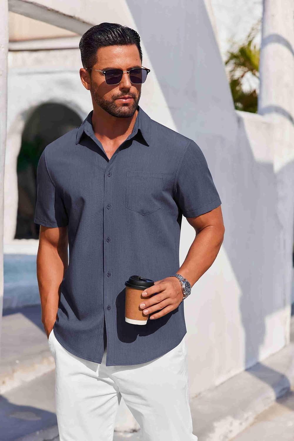 COOFANDY Mens Button Down Short Sleeve Shirt Casual Summer Stretch Denim Dress Shirts with Pocket - Image 2