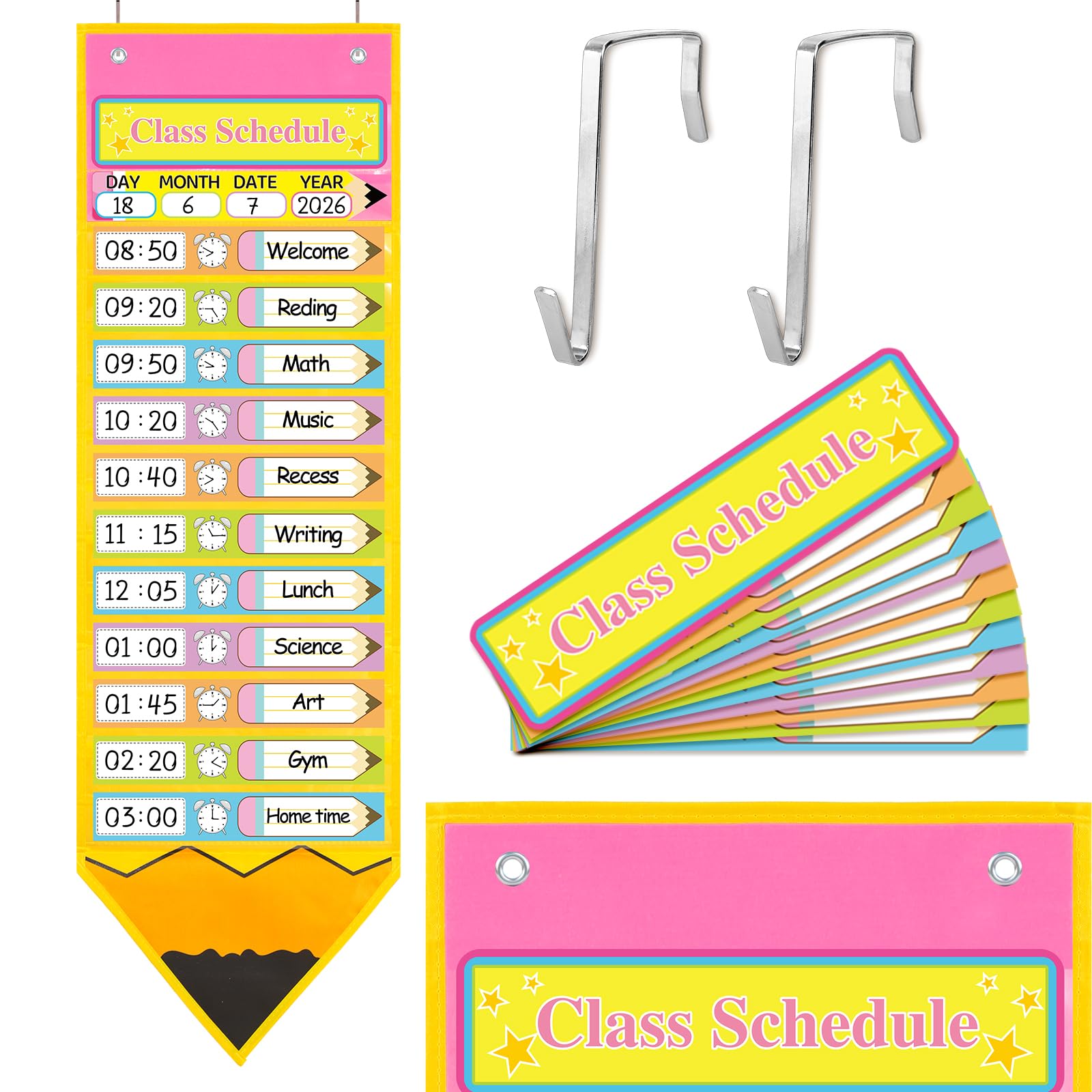 AnyDesign Bleistift-Thema, Tagesplaner, Taschendiagramm, Klassenplan mit 26 wiederverwendbaren trocken abwischbaren Karten, Haken, Whiteboard-Marker für Schulanfang, Klassenzimmer, Dekoration