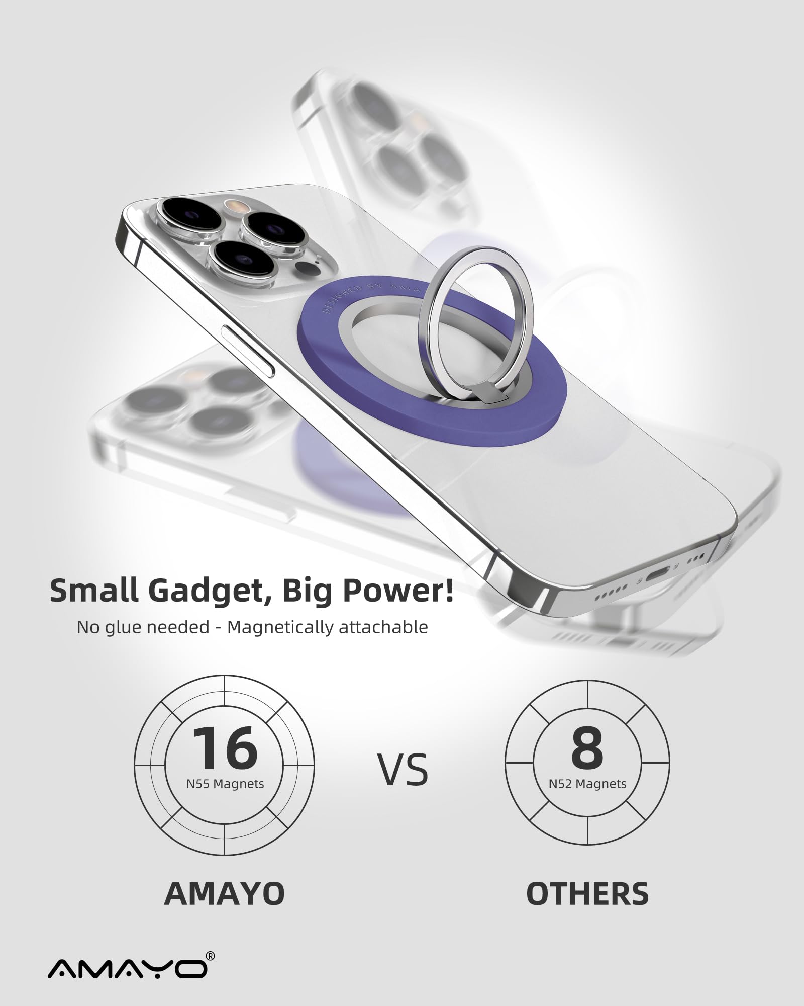 Amayo - Uchwyt pierścieniowy na telefon komórkowy kompatybilny z Magsafe, uchwyt na palec, magnetyczny uchwyt na palec do iPhone'a serii 15 Pro Max, 14, 13 akcesoriów kompatybilny z Magsafe fioletowy