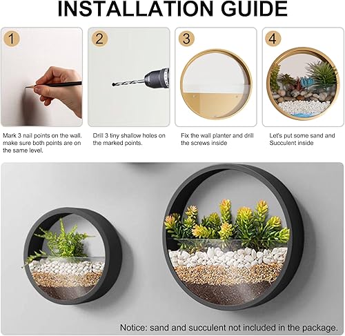 Miniatura 5 de VEVLU Juego de 3 macetas de pared, modernas macetas redondas de vidrio para suculentas, maceta circular colgante de hierro para hierbas, cactus