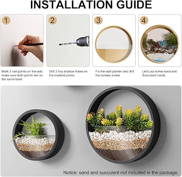 3 Pack Set Wall Planters,Modern Round Glass Wall Planter Succulent Planter Circle Iron Hanging Planter Vase for Herb,Small Cactus Perfect for Balcony, Room and Patio Decor (Black)