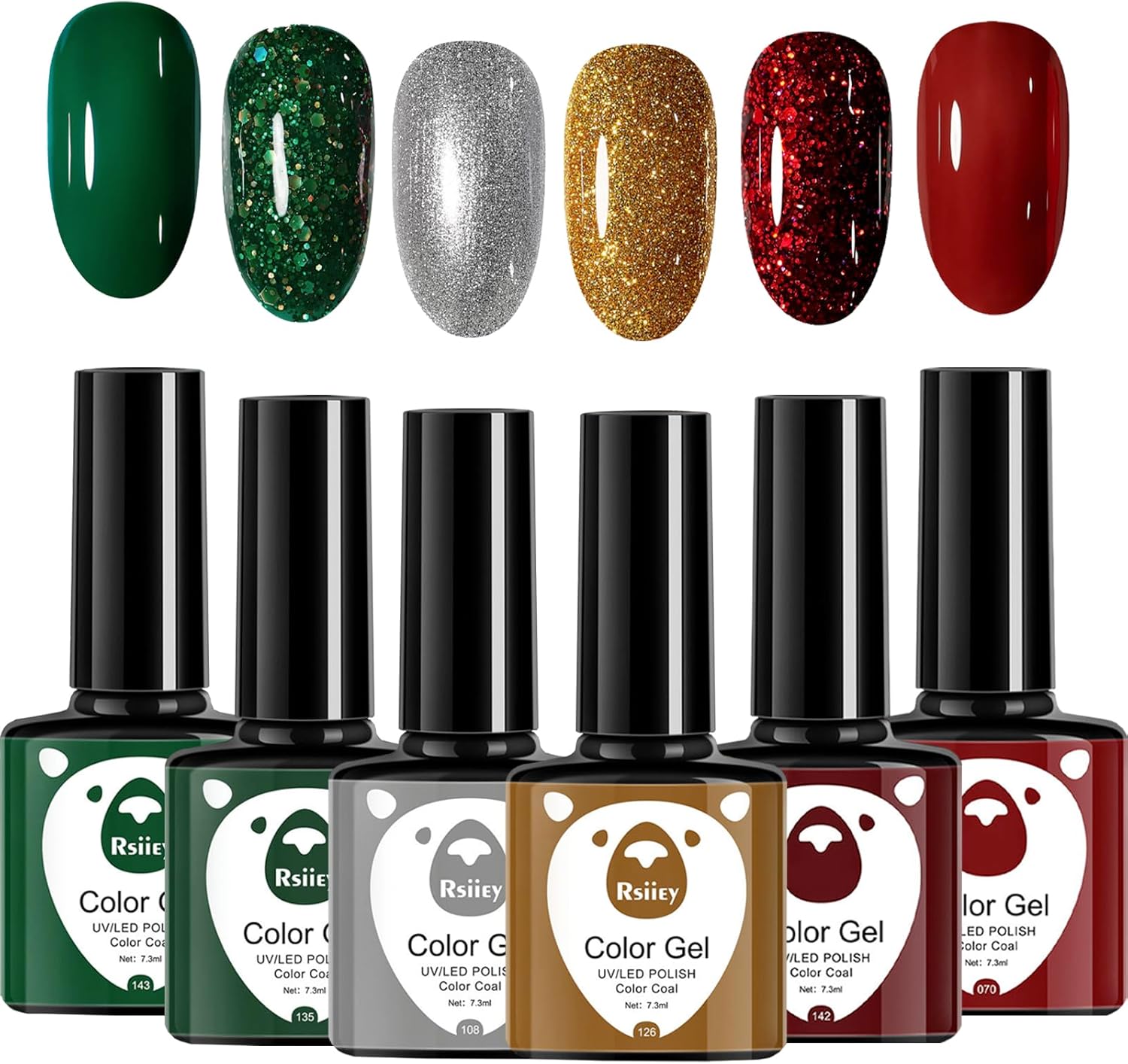 Christmas Gel Nail Polish Set, Glitter Red Green Gold Silver, 6 Colors