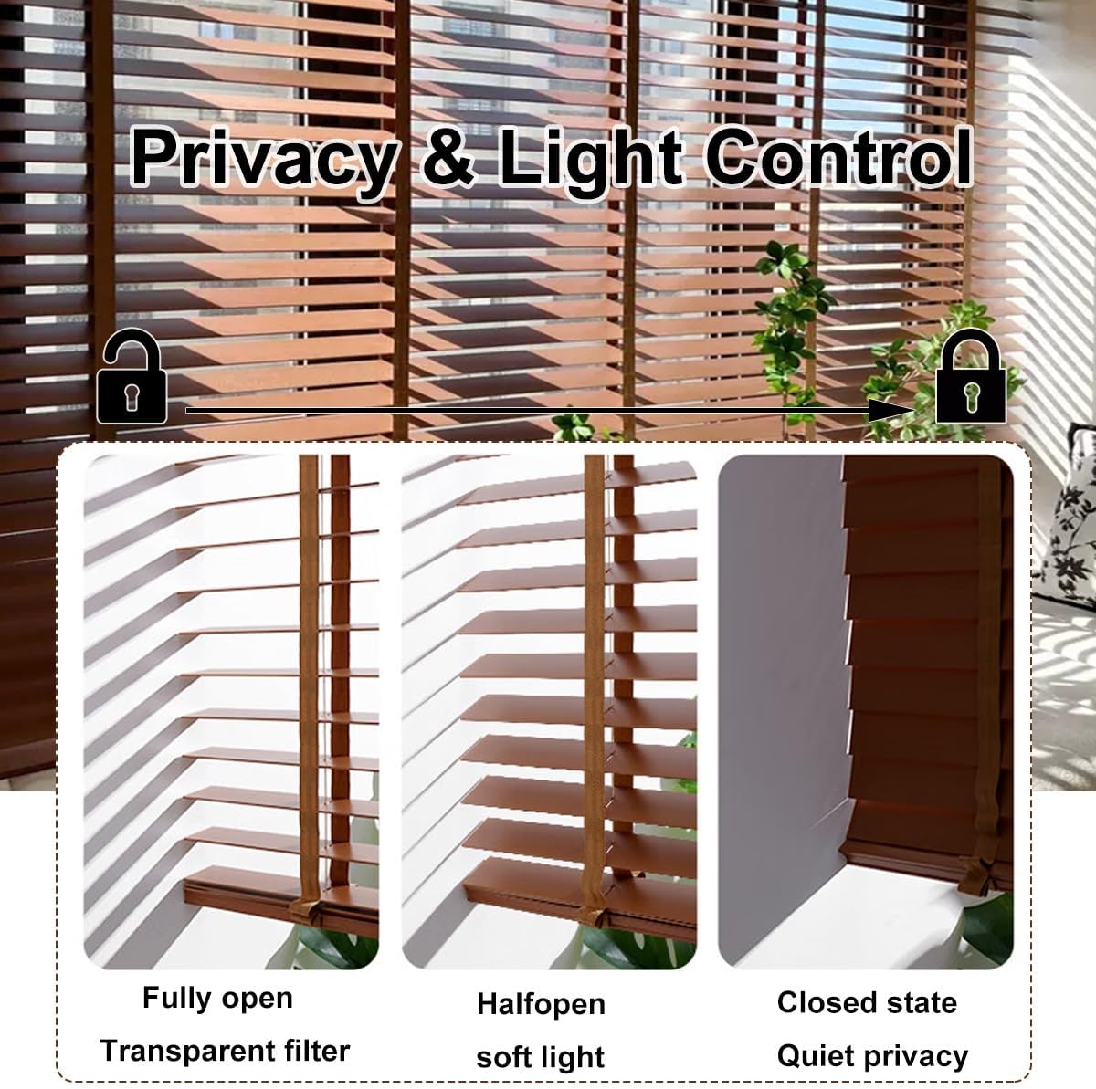 Three panels illustrating different states of window blinds: fully open for transparent filter, half open for soft light, and closed for quiet privacy.