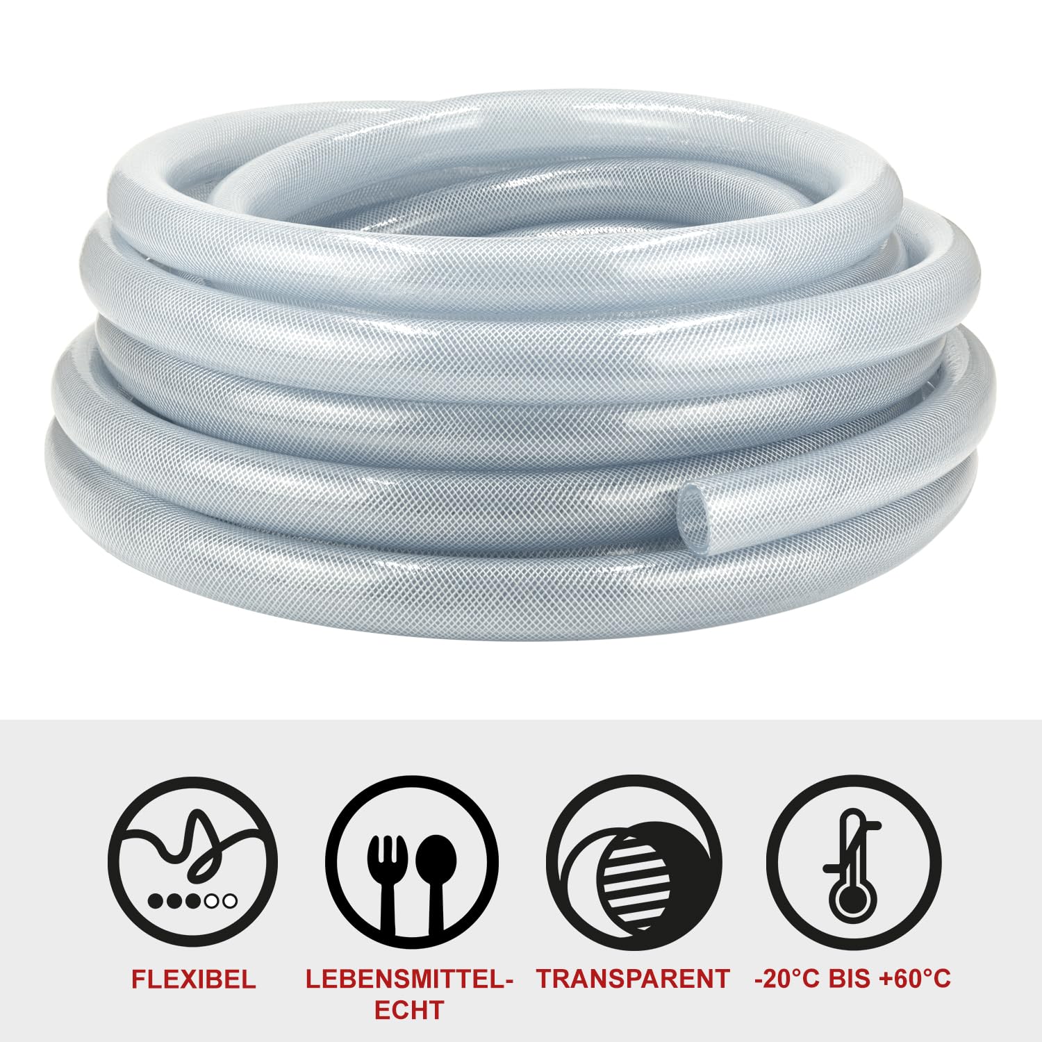 FLEXTUBE TX Ø 32mm x 5mm (1 1/4 Zoll), 10m lang PVC Schlauch mit Gewebe, Lebensmittelecht durchsichtig flexibel Druckschlauch Druckluftschlauch Lebensmittelschlauch Wasserschlauch Luftschlauch