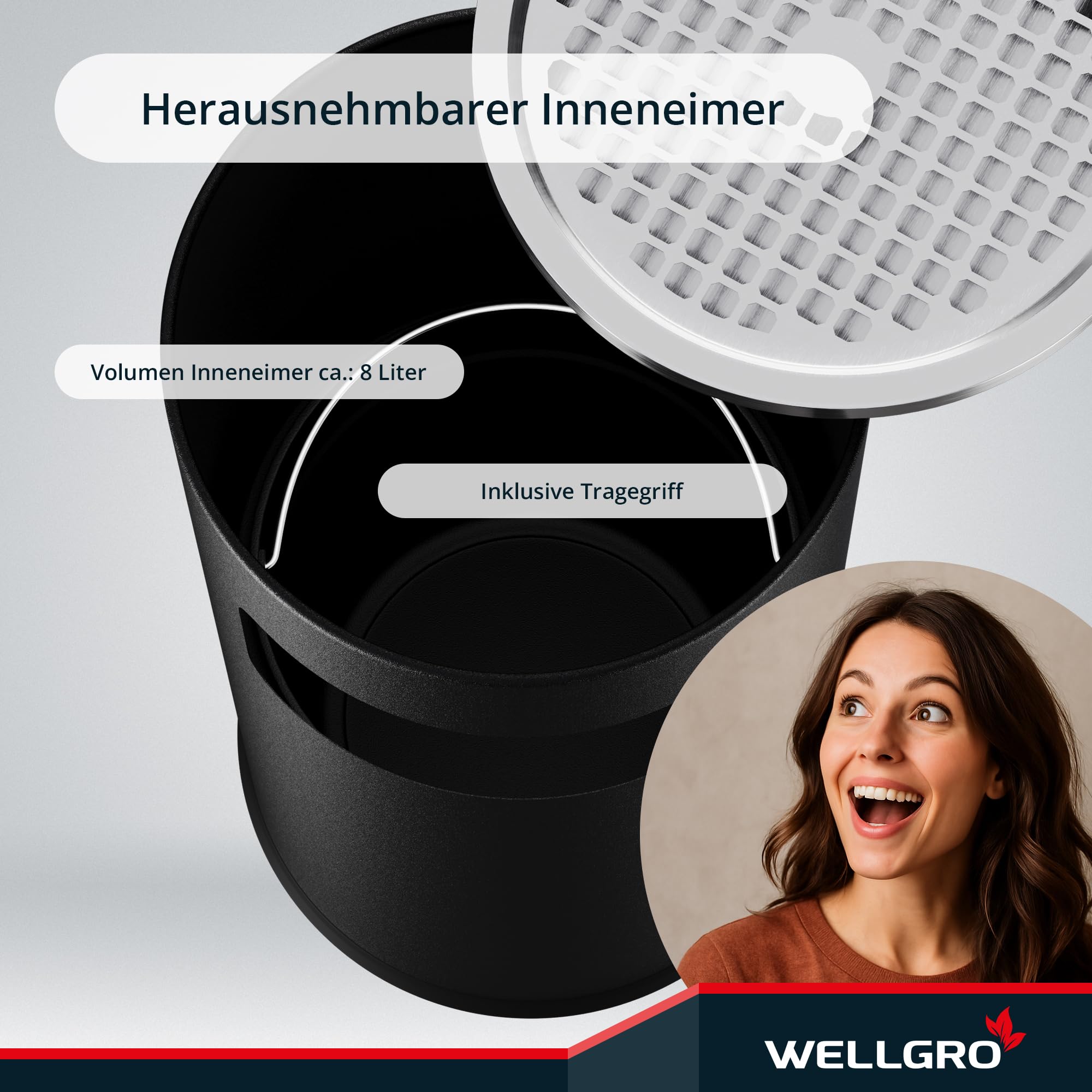WELLGRO 2 in 1 Standaschenbecher Edelstahl für draußen – Wetterfester Standascher schwarz mit Mülleimer & Abfalleimer, großer Aschenbecher für Außenbereich, Terrasse, Eingang & Gewerbe