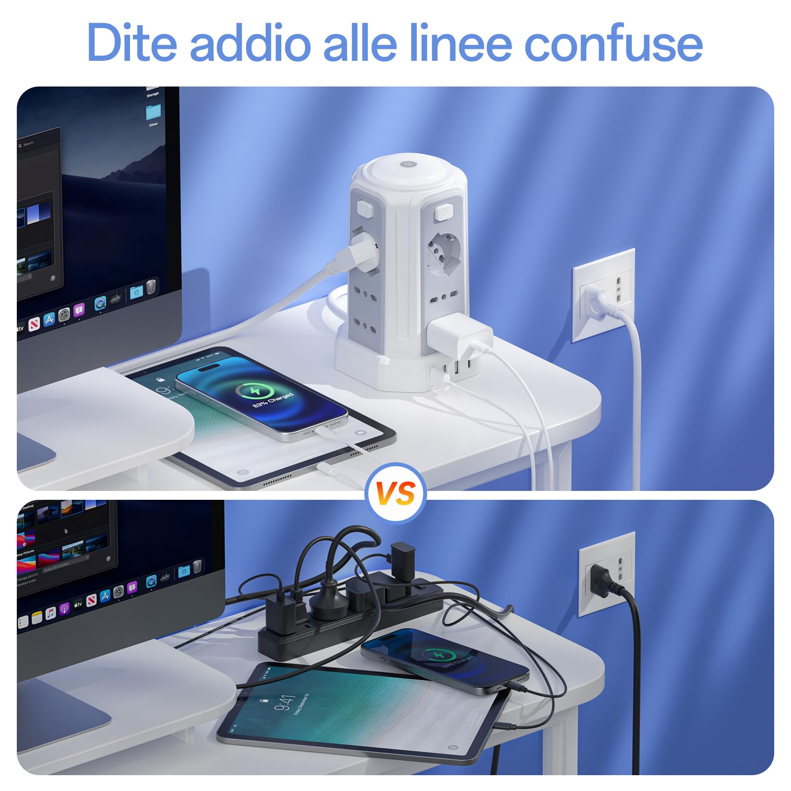 Regleta eléctrica con luz nocturna, 12 tomas universales 10/16 A ITA y Schuko y 3 USB A+1 USB C protección contra sobretensión con 4 interruptores independientes para la oficina, la casa