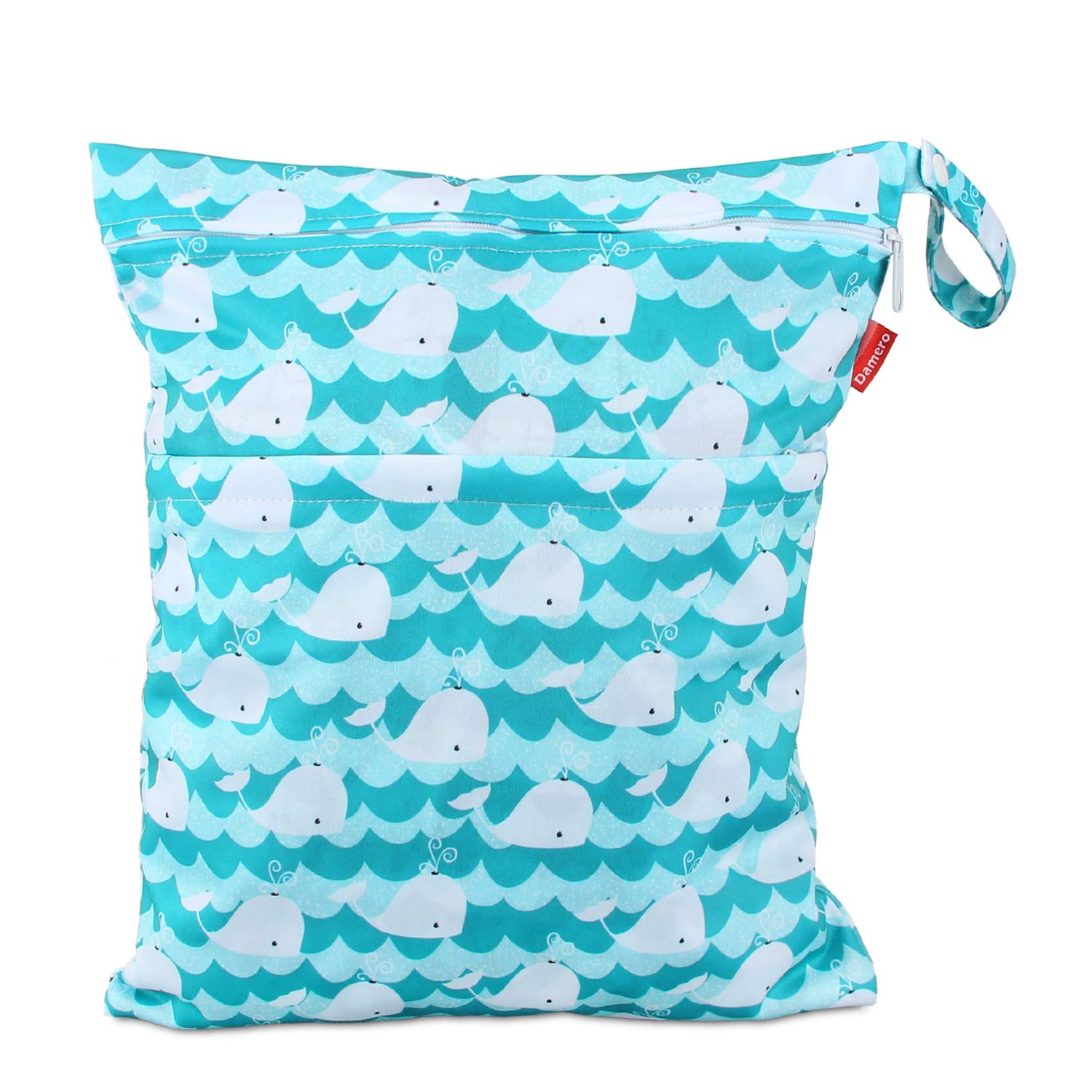 Damero Cloth Diaper Wet Dry Bag with Handle for Swimsuit, Pumping Parts, Wet Clothes and More, Ideal for Travel, Exercise, Daycare, Swimming, Reusable and Water-Resistant (Large,Cute Whale)