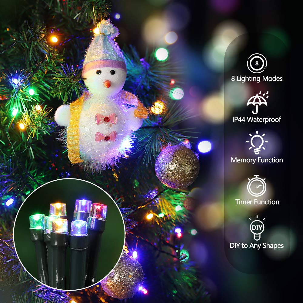 BrizLabs Luci di Natale Multicolor 10M 100 LED Luci Stringa Batteria 8 Modalità Impermeabile Cavo Verde Catena Luminosa Interno Decorazioni Natalizie per Giardino, Albero di Natale, Matrimonio
