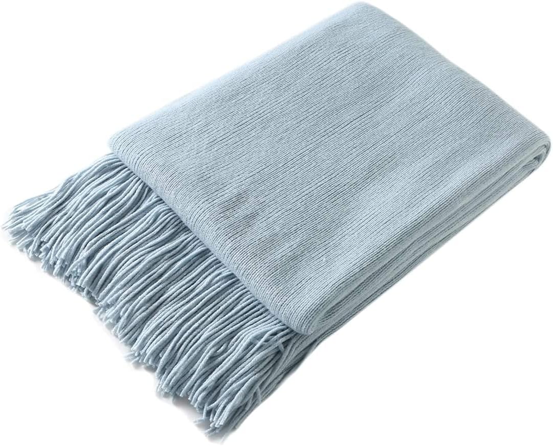Homiest Decorative Knitted Throw Blanket with Fringe, Lightweight Acrylic Knit Blanket, Soft & Cozy Tassel Blanket for Couch Sofa Bed (Light Blue, 60 x 80 Inch) - Image 4