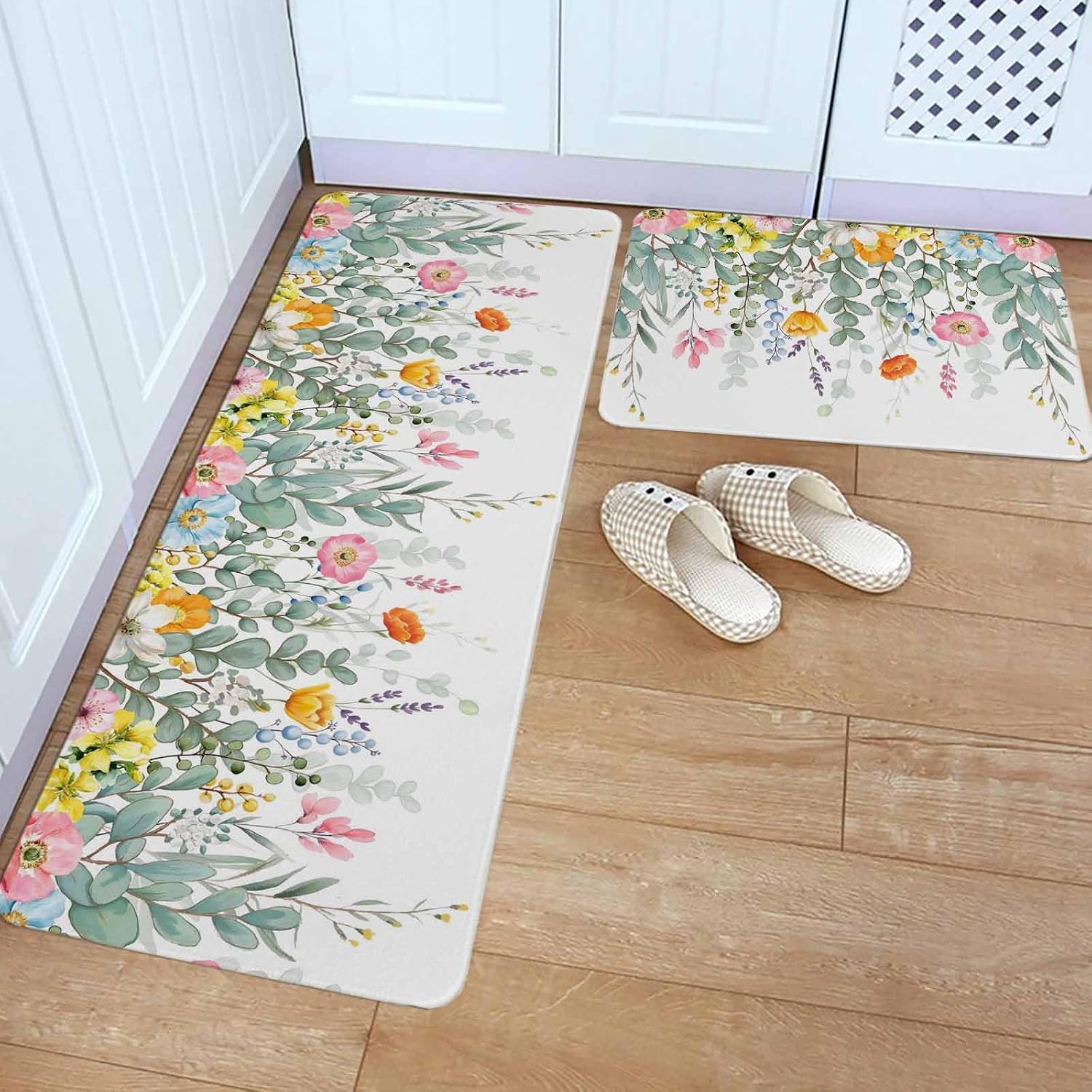 Eucalyptus Leaves Floral Kitchen Rugs and Mats Set of 2, Non-Slip Kitchen Sink Mat, Spring Botanical Flowers Vines Washable Doormat Bathroom Rugs Runner for Bedroom/Living Room 17.7"x30"+17.7"x59"