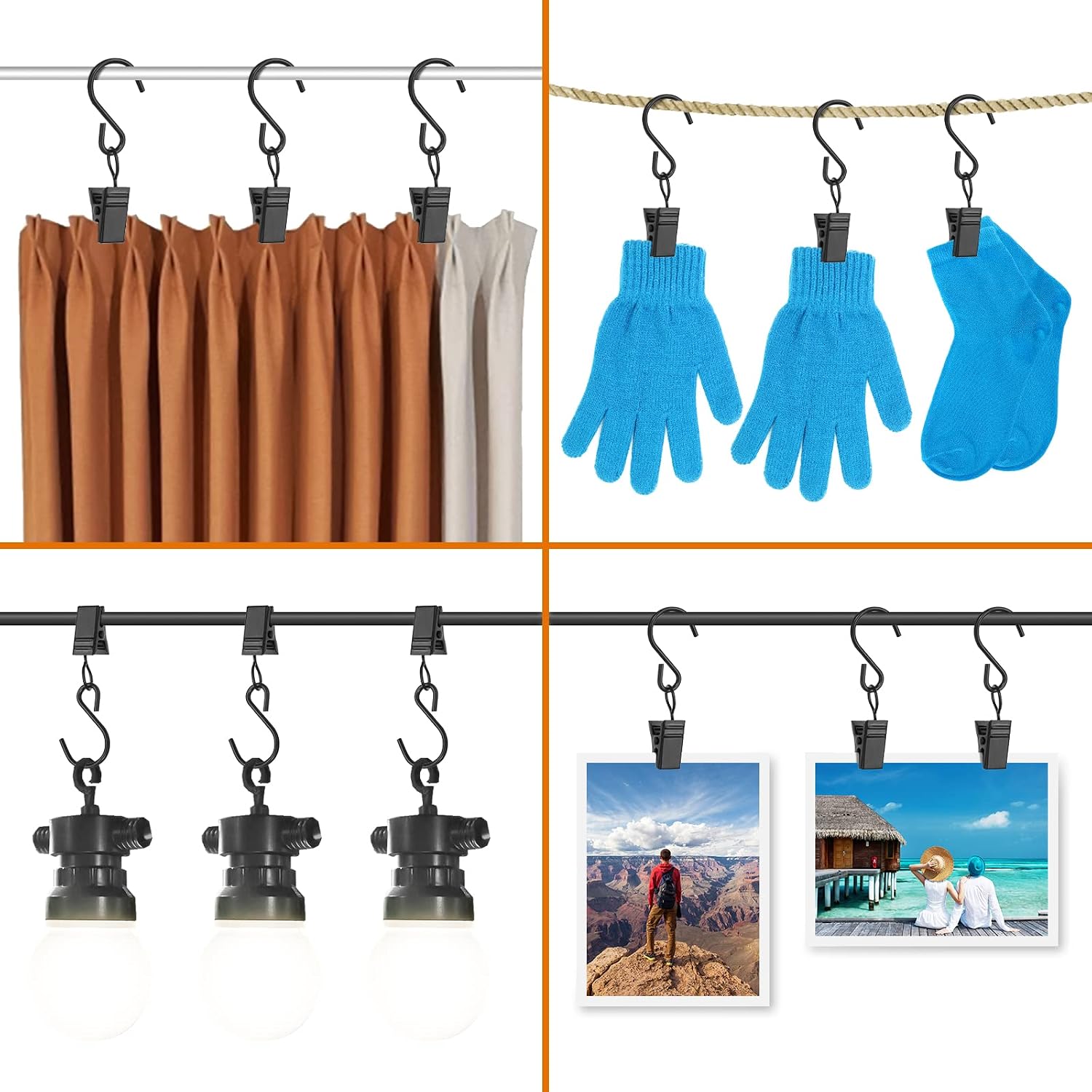 40 PCS Curtain Clips with S Hooks for Outdoor String Lights, Stainless Steel S Hooks with Clips for RV Awning and Gutter Lights (Black)