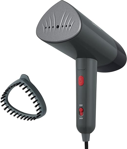 Sunbeam 1520W Handheld Steamer for Clothes, Portable, Foldable, Travel Steamer, Dual Voltage 120/240, Non-Stick, High and Low Steam Setting, 25s Heat Up, 140ml Tank, Bristle Brush, Storage Bag, Black