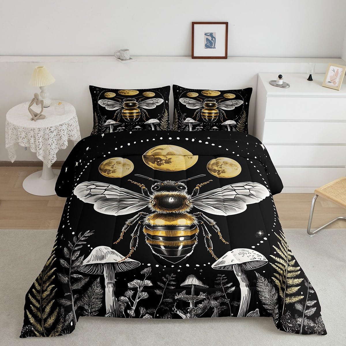 Erosebridal Bee Bedding Twin Hippie Mushroom Comforter Set Moon Phase Bedding Comforters & Sets Starry Sky Duvet Butterfly Dragonfly Quilt Comforter Black Animal Theme Bedroom Decor with 1 Pillow Sham