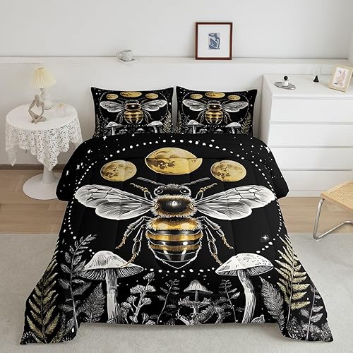 Miniatura 3 de Erosebridal Juego de edredón de abeja de miel, tamaño Queen, ropa de cama de fase lunar con purpurina y estrellas, juego de ropa de cama y
