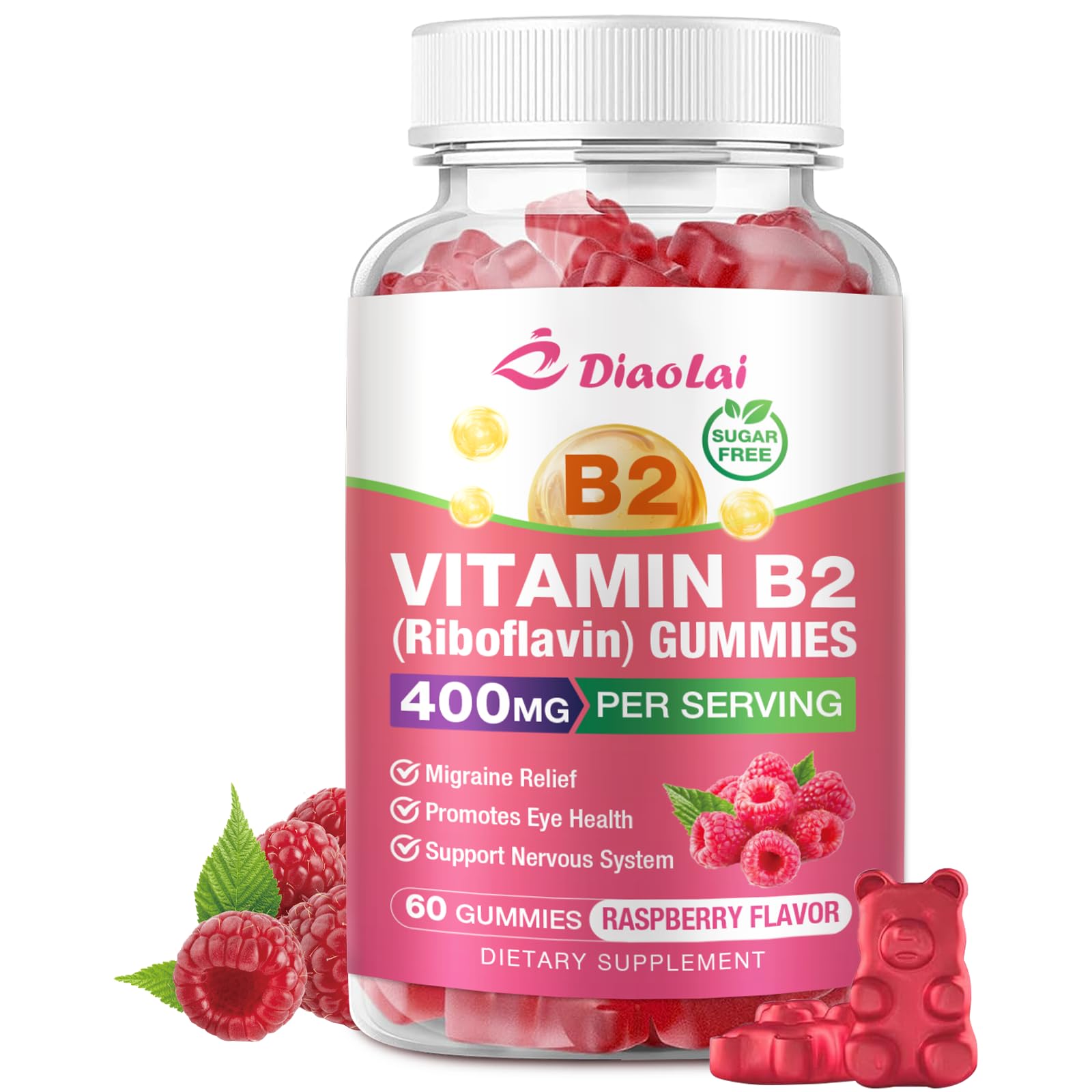 Vitamin B2 Gummies Riboflavin 400mg Supplement with Magnesium for Kids & Adults, B2 Gummies for Migraine Relief & Nervous System Support, Vegan, Raspberry Flavor, 60 Count