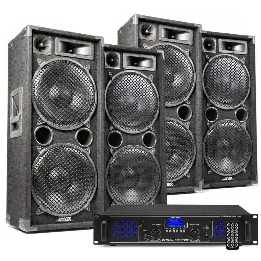 MAX DJ Lautsprecher Set, Mobile PA Anlage Komplettset, 5600 Watt, DJ Set Komplett, 4X MAX212 Lautsprecher DJ Boxen 8 Ohm, 1x Fenton FPL2000 Verstärker, 4Ohm, BT MP3, PA System, DJ Anlage für Beginner