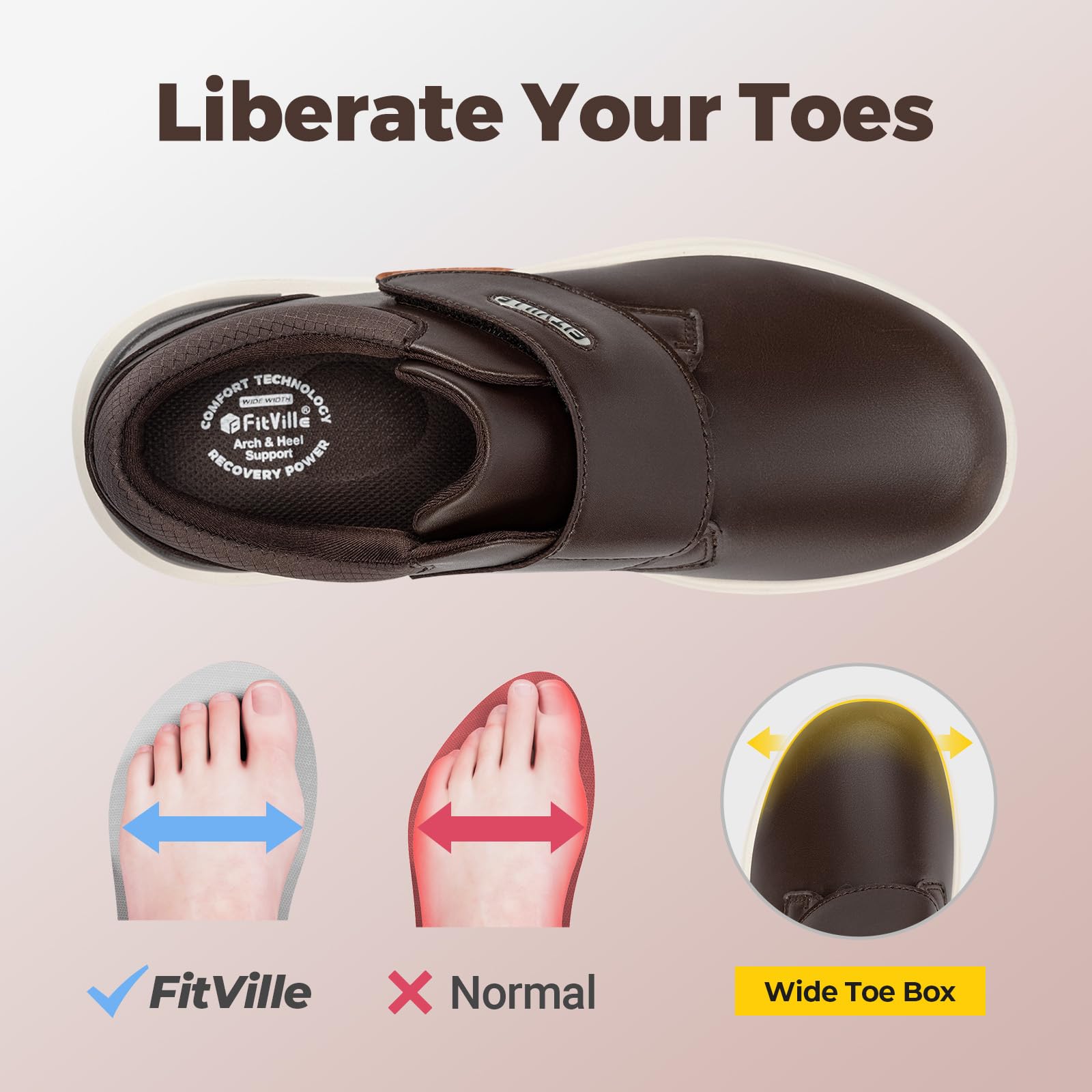 FitVille Scarpe Uomo Pelle Extra Larghe Scarpe con Chiusura a Strappo Sneaker Regolabile per Piedi Sensibili