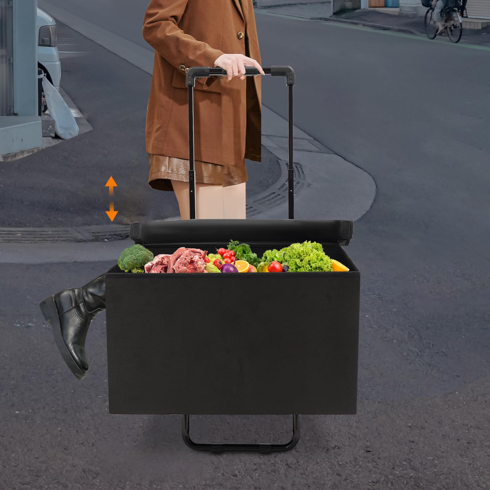 Faltbarer Einkaufswagen mit 64L Tasche aus Oxford-Stoff, robustem Stahlrahmen & 2 Rädern, abnehmbare Einkaufstasche mit Deckel, hoher Tragkraft 80kg, Trolley für Einkauf & Reisen (Schwarz)