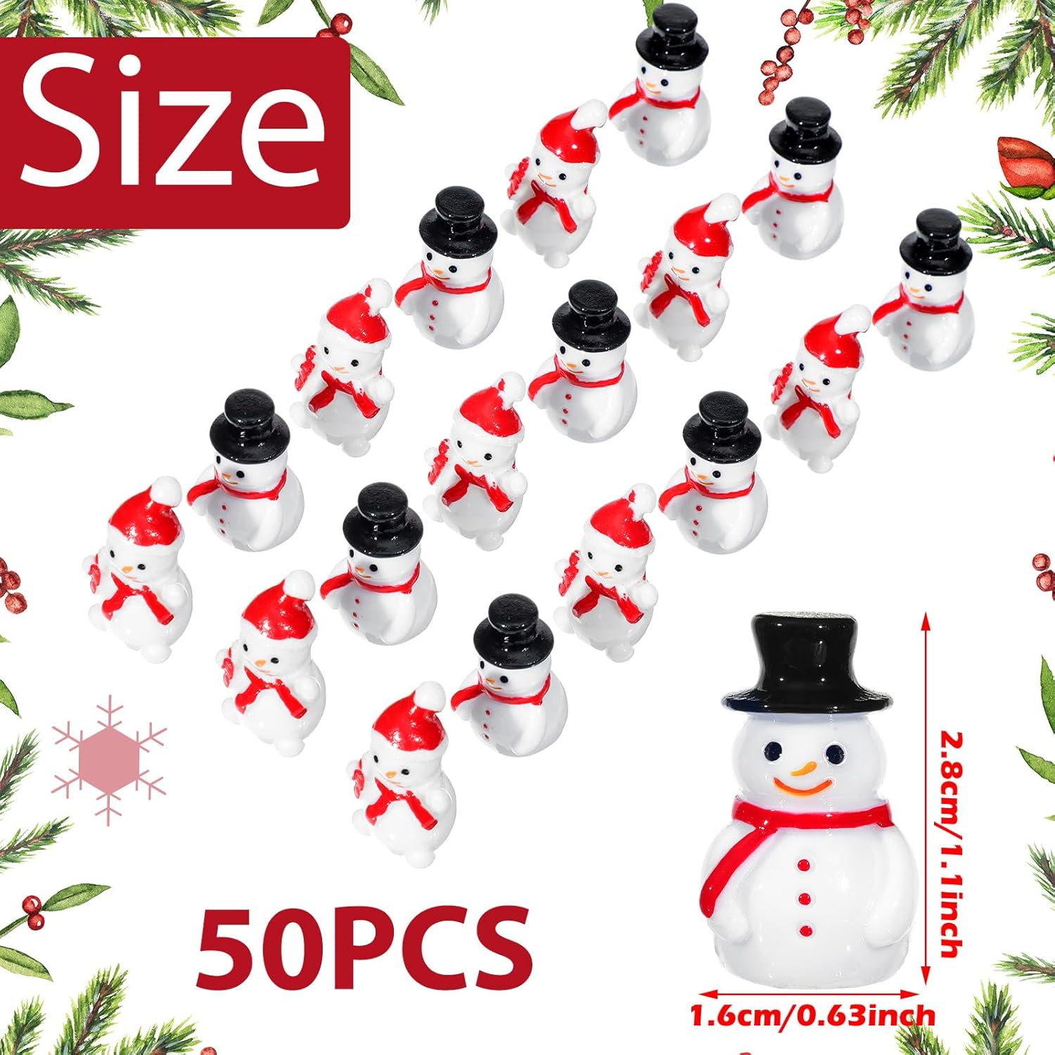 Soaoo 50 Pcs Winter Mini Snowman Figurines 2 Types Tiny Resin Snowman Decoration with Top Hat Xmas Micro Landscape Ornament Mini Garden Dollhouse Accessories for Crafts DIY Xmas Winter Party - Image 3