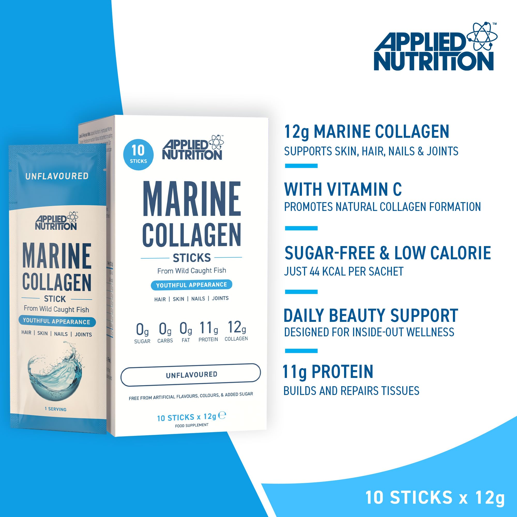 Applied Nutrition Bastoncini di collagene marino | Vitamina C + miglior integratore di collagene | Miglior supporto di bellezza | Salute della pelle, dei capelli e delle articolazioni | Non