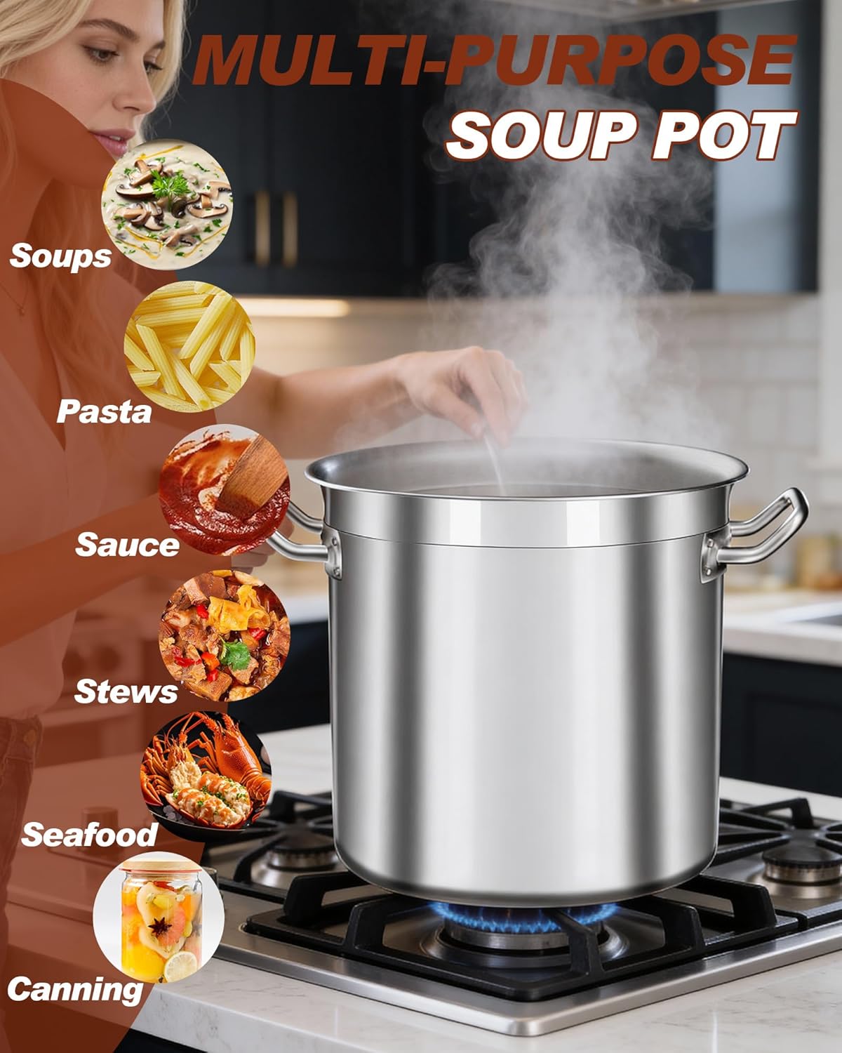 Large Stock Pot with Lid - 40 Quart Stainless Steel Cookware, 10 Gallon Heavy Duty Soup Pot, Big Pots for Cooking, Compatible Induction & Oven