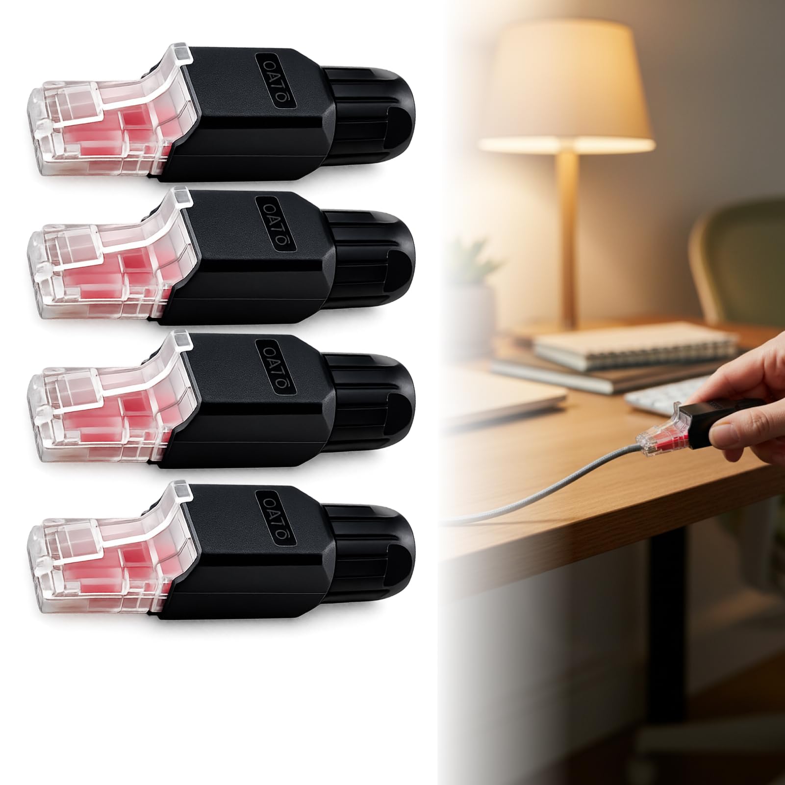 4 Pack Tool-Free RJ45 Connectors Toolless Cat6 Modular Plug Gold Plated Cat6 Ethernet Cable Ends for 23–26 AWG Network Cables, Easy Installation Cable Ends for Switches, Routers and PCs, Black