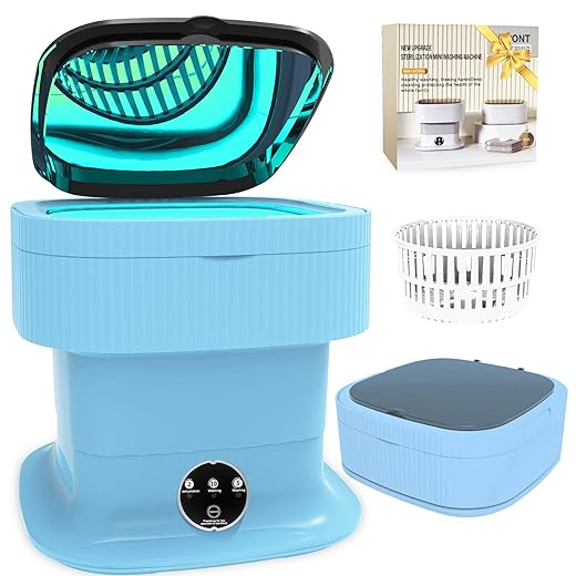 Portable Washing Machine, 16L Foldable Mini Washing Machine & Spin Dryer, Collapible Compact Washer, Small Folding Laundry Washer, Socks, Baby Clothes, Underwear, Dorm, Camping, Apartment, Pure Blue