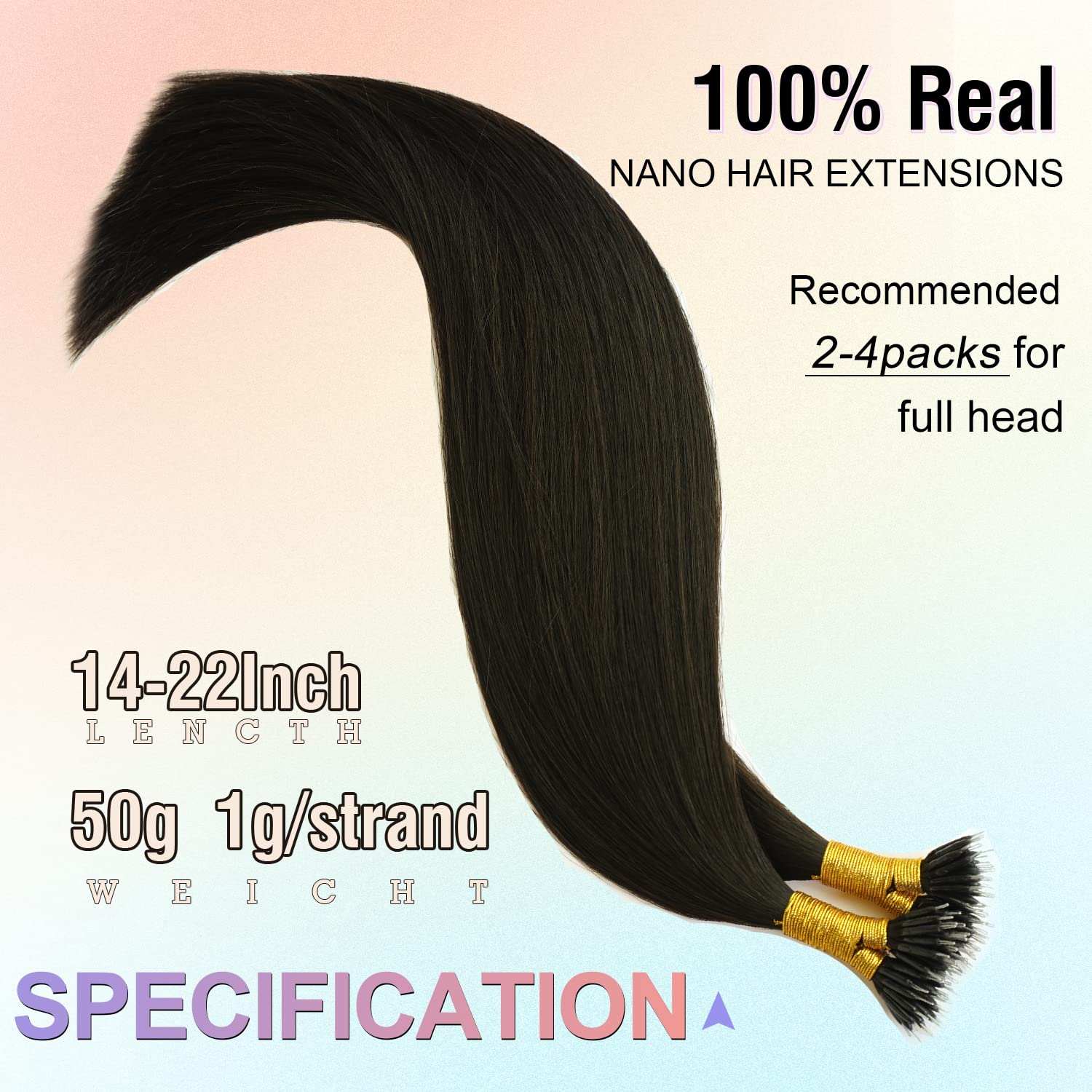 KOCONI 16 Inch Black Nano Rings Hair Extensions Real Human Hair Extensions Double Drawn Nano Ring Hair Extension Nano Tip Beads Human Hair Extensions 50g 1g/Strand #1B Natural Black - Image 2