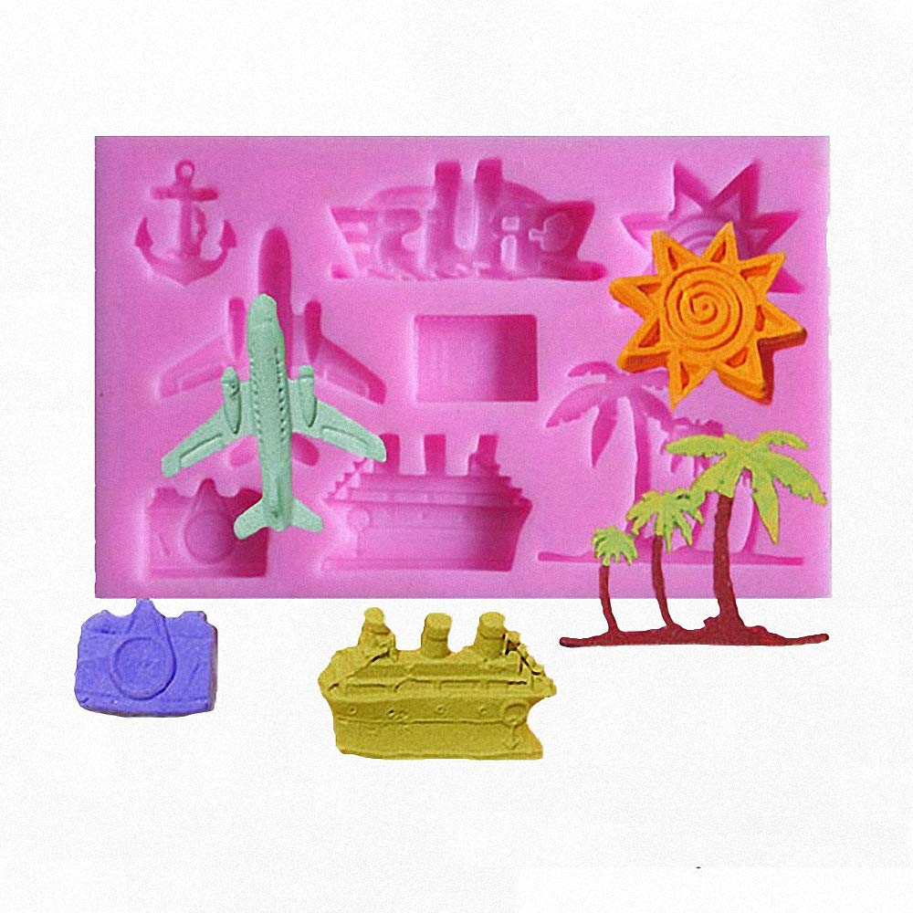2Pcs/Set Summer Vocation Travel Fondant Molds, Seaside Holiday Silicone Mold for Cake Cupcake Decorating Polymer Clay Mould (Airplane Cruise Liner Camera Coconut Tree Sun Beach Slippers Swimsuit) - Image 5