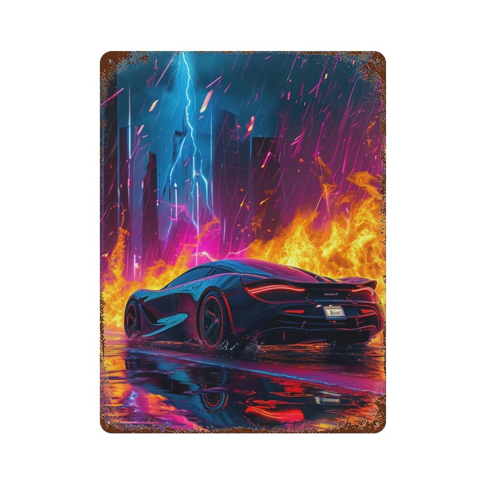 Neon City Racing Car 15.7"x11.8" Vintage Rust Metal Sign, Novelty Wall Decor for Living Room, Hallway And Home Decor