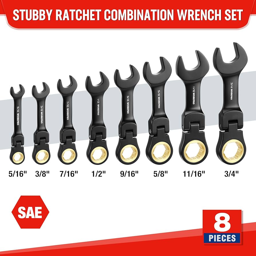 WORKPRO 8-Piece Stubby Anti-slip Ratcheting Combination