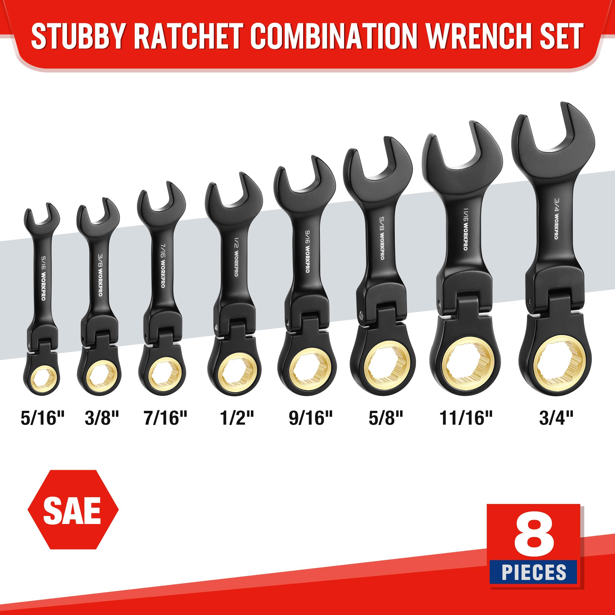 WORKPRO 8-Piece Stubby Anti-slip Ratcheting Combination