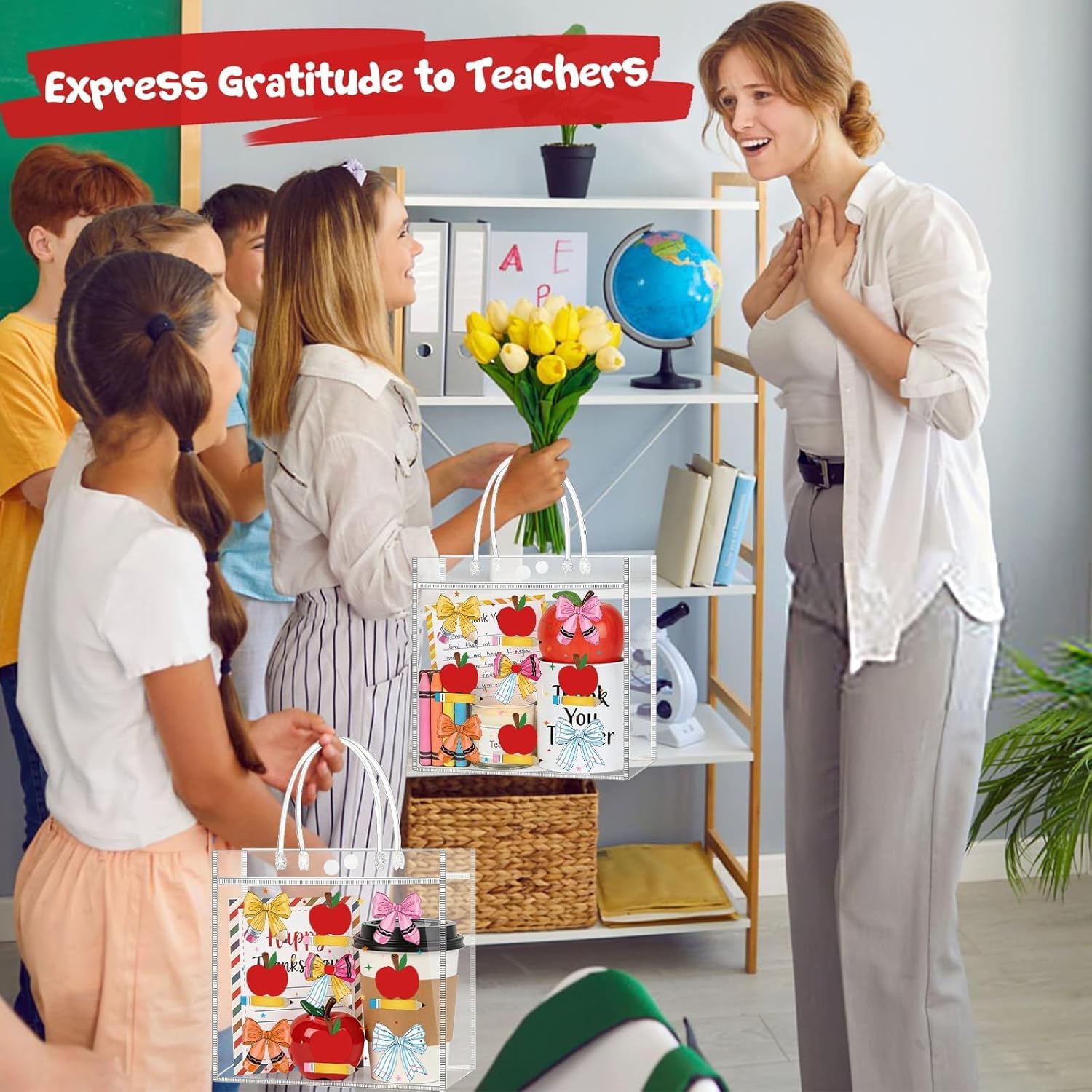 Xihaian 24 Pcs Teacher Appreciation Gift Bags 7.9 x 7.9 x 3.15'' Teacher Clear Gift Bags Bulk with Handles Reusable Plastic Thanks Treat Bags for Graduation Retirement Back to School Supplies