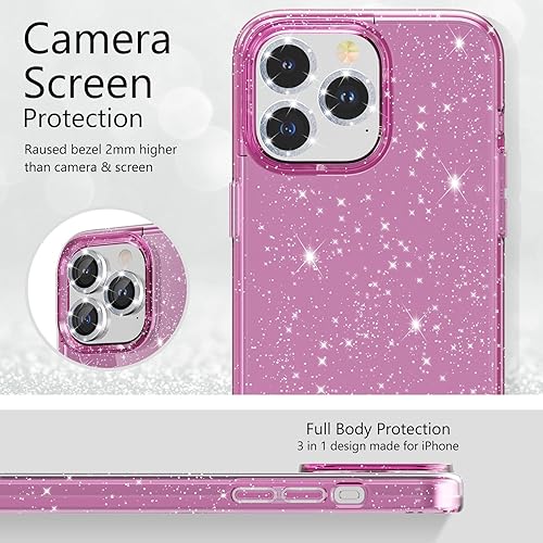 Miniatura 16 de Funda con purpurina diseñada para iPhone 15 Pro Max, con [2 unidades] protector de pantalla y [paquete de 3] protector de lente de cámara brillante