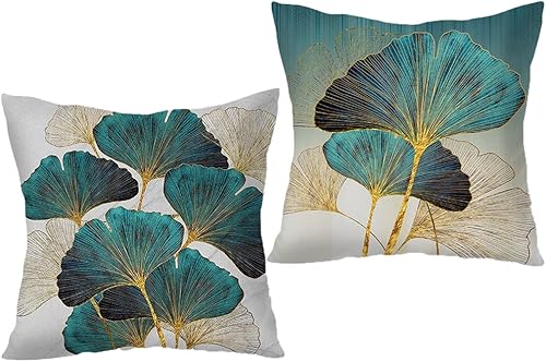 Funda de almohada Grean Ginkgo Plant Leaf - 18 x 18 pulgadas - Juego de 2 fundas de cojín cuadradas color turquesa, ideal para sofá, dormitorio,
