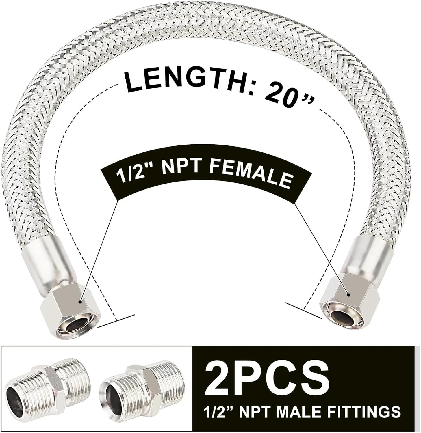 Industrial Grade Compressor Jumper hose,1/2" NPT Male 20" Long, 450 PSI 750°F High Temp, Flexible Stainless Steel Braided Hose with Swivel Adapters for Pump to Tank Line