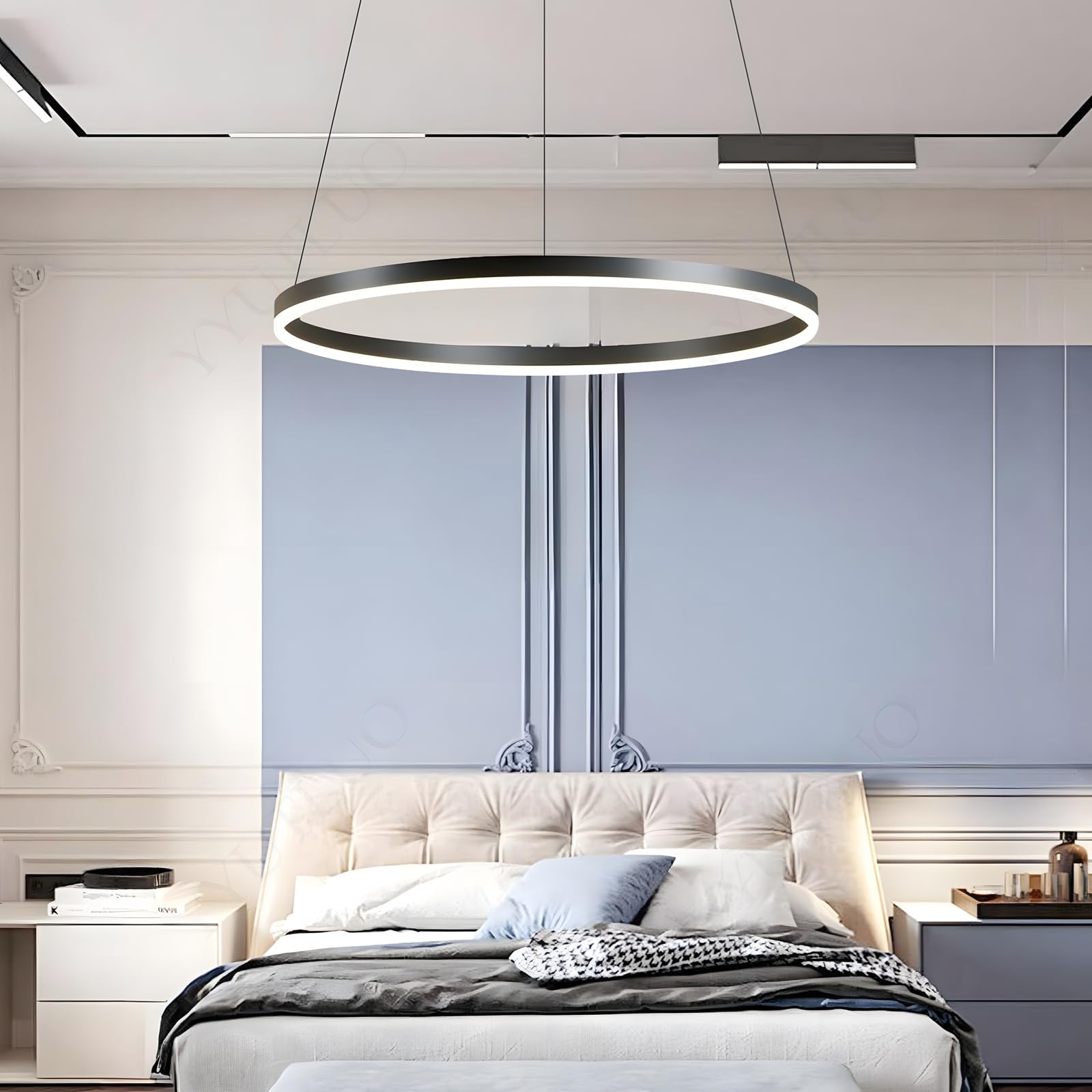 Lámpara LED DIY Circular Moderna | 1 Negra Anillos :60cm=29W| Iluminación Colgante LED Metal+Acrílico, Control Remoto Regulable 2.4G Lámpara Colgante Techo Redonda Sala Estar Dormitorio
